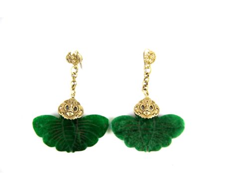 A pair of Traditional Chinese white metal earrings set with carved jade/ hardstone butterflies, butterfly W. 5cm, earring L. 
