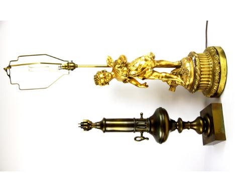 A gilt metal cherub table lamp, H. 59cm together with a further metal table lamp.