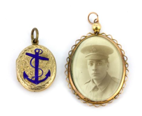 A yellow metal (tested 9ct gold) portrait pendant and an enamelled gilt locket, L. 5 x &amp; 2.5cm.