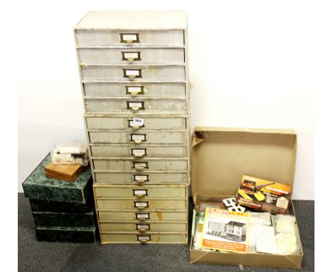 Three vintage paper covered wooden collector's cabinets together with a qauntity of model making equipment and related epheme