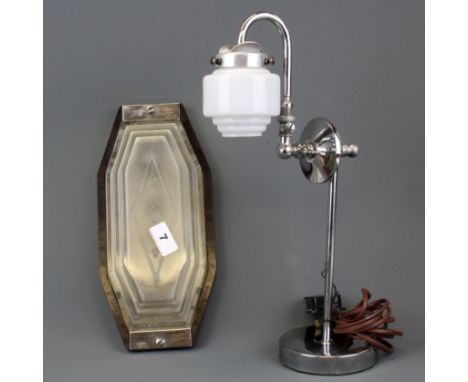 An Art Deco style glass wall light and a chrome desk lamp, light L. 30cm.
