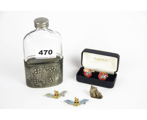 A 1917 hip flask with a group of RAF badges, cufflinks etc.