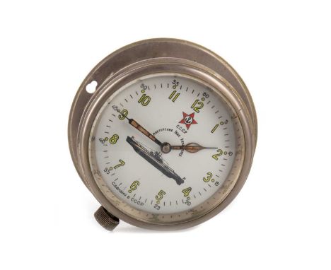 USSR NAVAL SHIP'S BULKHEAD CLOCK, 1940/50s with single train movement, the white enamel dial with Arabic numerals, the inner 