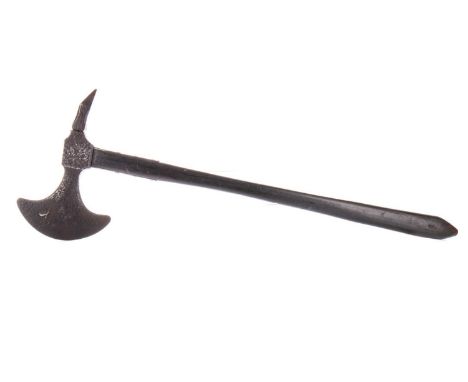 LARGE FRENCH BOARDING AXE, 18TH / 19TH CENTURY the head with spiked butt, over an ebonised shaft93cm long