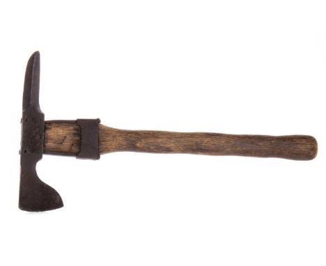 GERMAN TRENCH AXE, WWI-PERIOD the head with spiked butt, over an oak shaft48cm long