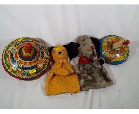 A collection of Chad Valley items to include Sooty and Sweep hand puppets, a humming top decorated with the nursery rhyme Hey