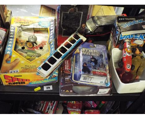 A mixed lot to include Speed Flippers, sealed Star Wars Bobafett sealed blister pack, sealed X3 Jean Grey blister pack, a Gal