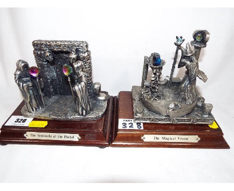 Two Myth and Magic pewter figurines on wooden plinths entitled The Magical Vision and The Sentinels at the Portal (2) Estimat