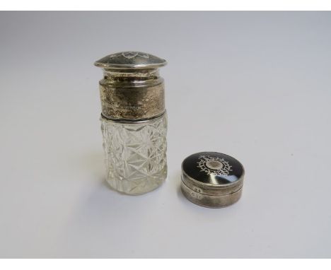 A silver topped dressing table bottle and patch pot (2) 