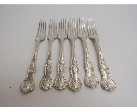 A set of six Edwardian silver King's pattern dessert forks. London 1905, 1906 &amp; 1907. By William Hutton &amp; Sons Ltd. A