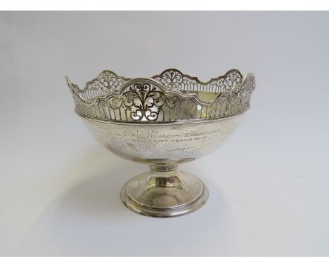 A William Hutton &amp; Sons Ltd silver pedestal bowl with pierced scrolled rim, with military presentation inscription, 20.5c