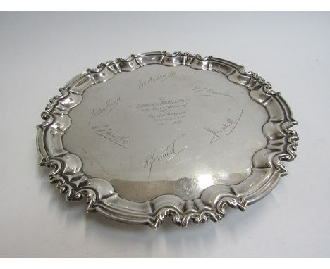 A William Hutton &amp; Sons Ltd silver salver with engraved inscription and signatures, London 1902, 712g 