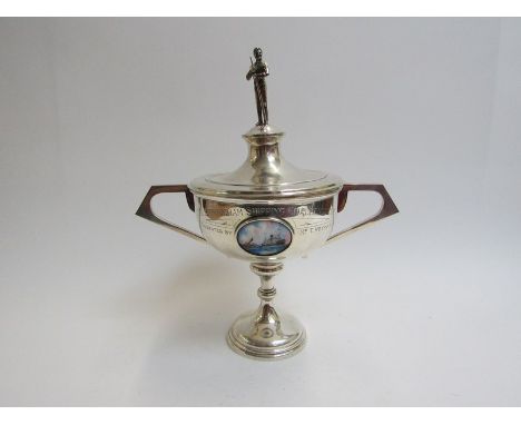 A silver Birmingham Medal Co lidded trophy, the top surmounted by snooker player, engraved 'The Birmingham Shipping Challenge