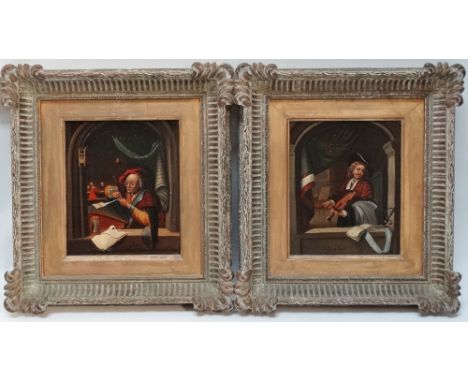 After Van Mieris A.R.R.&nbsp; The Musician and The Scribe Each signed Cero Dow A pair, oil on metal panel Framed Picture size