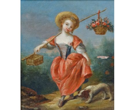 19th Century Continental School Girl With Flowers And Dog Oil on panel Framed Picture size 26 x 22cm Overall size 35 x 31cm