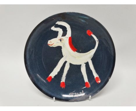 SIMEON STAFFORD (B.1956) Four Donkeys Oil on ceramic plate, found object Signed Signed and dated 2011 to verso Size 21 x 21cm