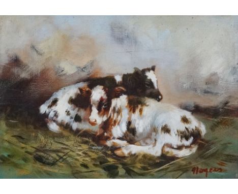 Calves Resting Oil on panel Indistinctly signed Framed Picture size 12 x 17cm Overall size 31 x 36cm