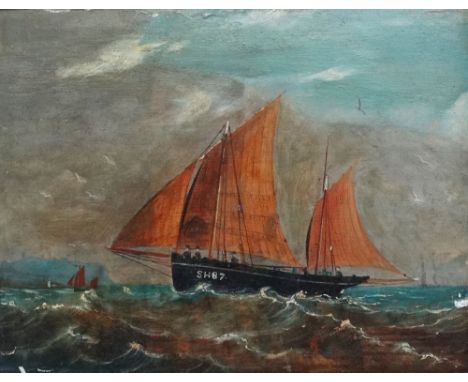 19th Century English School Working Boat With Crew, Scarborough Oil on panel  Framed Picture size 30 x 38cm Overall size 39 x