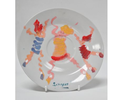 SIMEON STAFFORD (B.1956) The Dancers Oil on ceramic saucer, found object Signed and dated 16.5.21 to verso Diameter of saucer