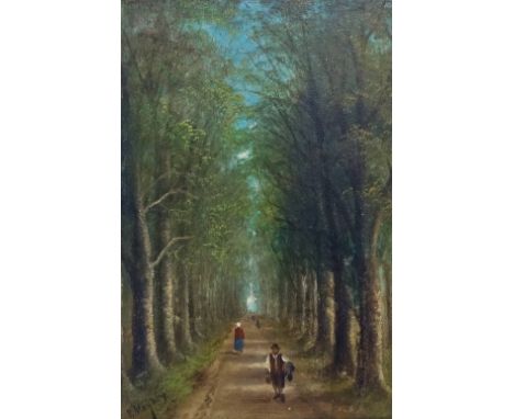 19th Century European School Avenue Of Trees With Figures Oil on panel  Indistinctly signed Framed Picture size 29 x 19cm Ove
