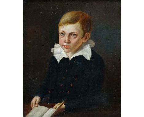 Early 19th Century English School Portrait Of A Boy With White Collar Oil on panel Period gilded and ebonised concave frame P