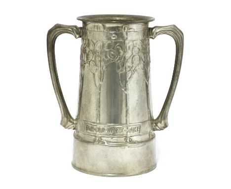 A Liberty &amp; Co. Tudric pewter twin-handled vase, designed by David Veazey, moulded with stylised panels and the inscripti