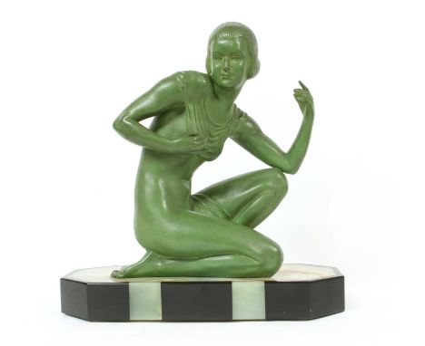 An Art Deco patinated spelter figure of a girl, on an onyx and marble plinth, signed 'SCOLISSE',38cm wide, anda further figur