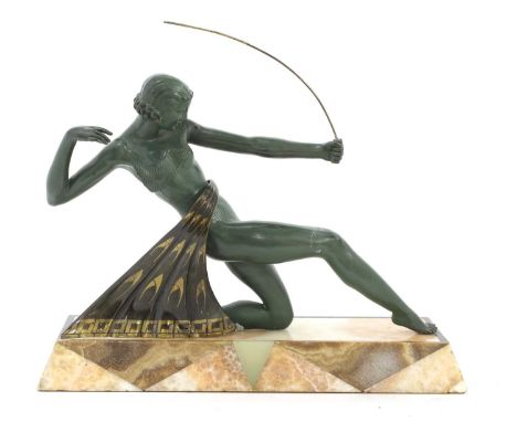 An Art Deco patinated spelter centrepiece,modelled as a lady with a bow on a marble and onyx plinth,Condition report: Bow loo