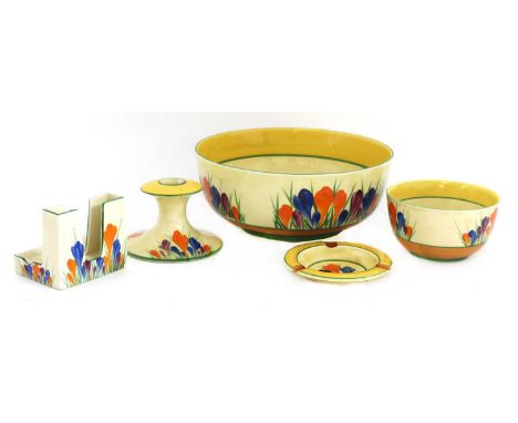 A collection of Clarice Cliff 'Crocus' pattern items, comprising: a large Clarice Cliff Holborn shape bowl,24cm diameter,toge
