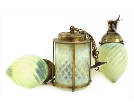 Two opaline glass shades,of spiral tear shape, with brass mounts,16cm high24cm overall, anda cylindrical hall light,with a la