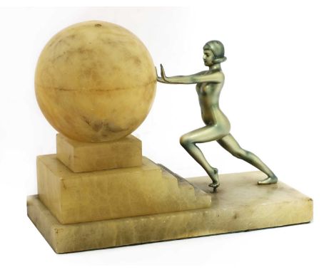 An Art Deco onyx lamp, depicting a patinated spelter figure with arms outreaching to a spherical ball,24cm wideCondition repo