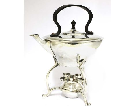 An Arts and Crafts silver-plated kettle and burner on stand,by W A S Benson, with a Bakelite(?) loop handle and a turned knop