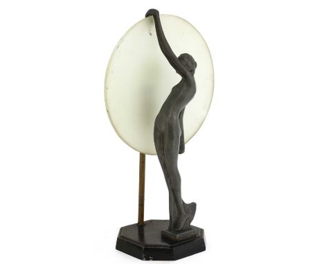 An Art Deco lamp, modelled as a nude holding a circular shade, 37cm highCondition report: Worn - the base has been painted bl