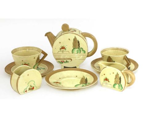 A Clarice Cliff 'Napoli' Bonjour tea set,comprising: a teapot and cover, a pair of cups and saucers,a sugar bowl,a cream jug,