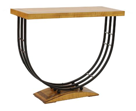 An Art Deco-style walnut and maple console table,raised on a metal stand and conforming veneered plinth,91cm wide34cm deep70c