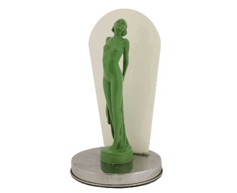An Art Deco lamp, with an enamelled spelter nude, raised on a chrome base,38cm high