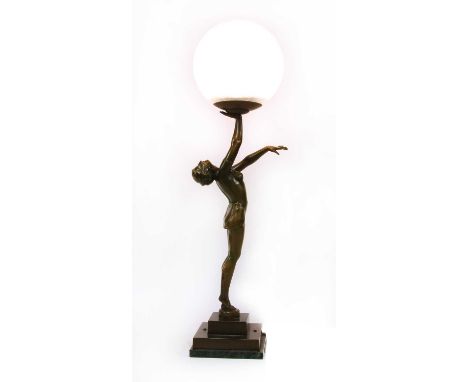 An Art Deco-style figural table lamp,modelled as a lady holding the globe shade aloft, on a stepped stand, with a marble plin