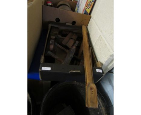 BOX CONTAINING ASSORTED WOODWORKING TOOLS, PLANES, LEVELS, RULERS ETC    