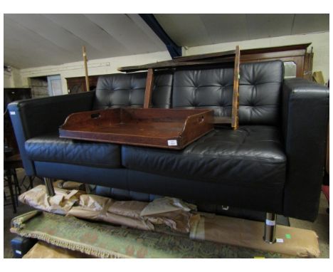 GOOD QUALITY MODERN BLACK LEATHER TWO-SEATER SOFA WITH BUTTON DETAIL AND CHROMIUM LEGS    
