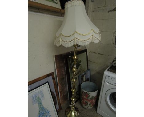 BRASS BOBBIN COLUMN STANDARD LAMP WITH CREAM SHADE    