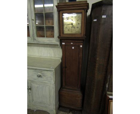 OAK FRAMED LONGCASE CLOCK WITH BRASS DIAL SIGNED LINTON WRIGHT AND WEIGHTS    