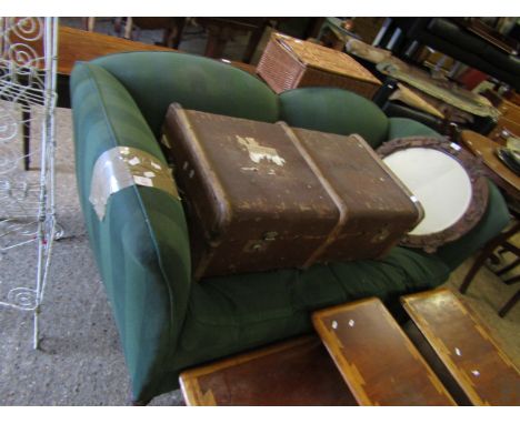 19TH CENTURY MAHOGANY FRAMED GREEN STRIPED UPHOLSTERED TWO-SEATER SOFA ON BRASS CASTERS    