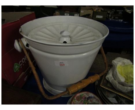 ENAMEL SLOP BUCKET WITH WICKER HANDLE AND LID    