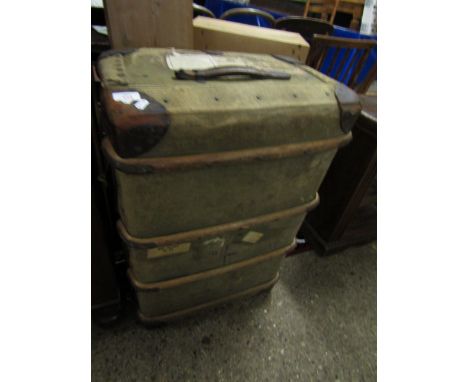 LEATHER, CANVAS AND BEECHWOOD BOUND TRAVELLING TRUNK    