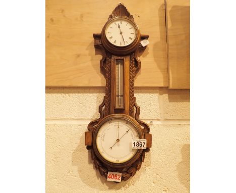 Unusual carved wood barometer thermometer and clock