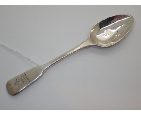 Georgian Dublin silver rat tail tea spoon with family crest detail stamped Hibernia with crowned harp maker James Le Bass dat