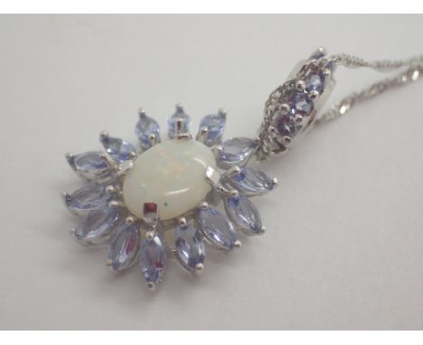 9ct white gold opal and tanzanite pendant on 9ct white gold necklace