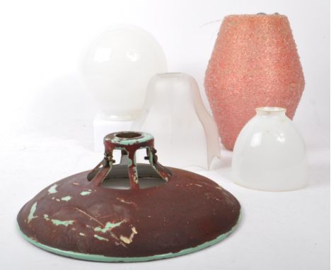 Five later 20th century lamp light shades.&nbsp;To include two milk glass examples of ball and dome design, frosted glass tul