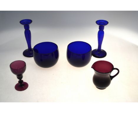 Two 19th century Bristol blue glass wine glass cooler and a pair of candlesticks, 17.5 cm high to/w an amethyst glass milk ju