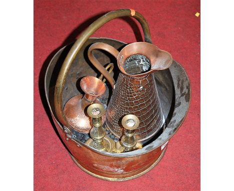 Metalware, to include brass helmet scuttle, pair of candlesticks etc